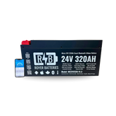 Front view of Royer 24V 320Ah Smart Lithium Battery with red and black terminals, Bluetooth monitoring label, and compact black case